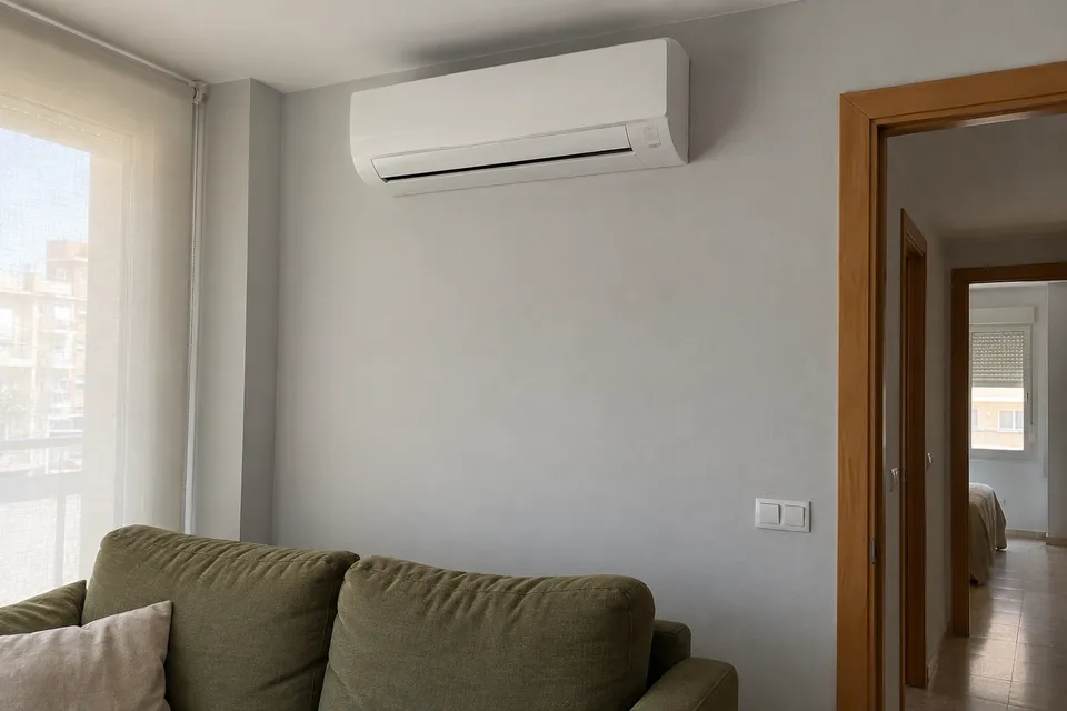 Split de pared en un salón con sofá verde y cortina enrollable