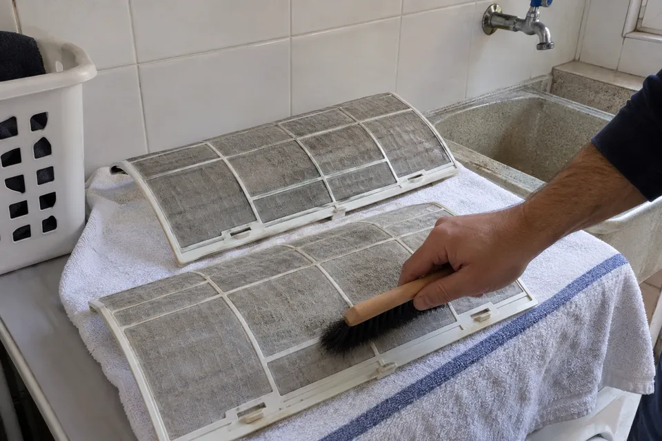 Filtros de malla de un split sobre una toalla junto a un fregadero