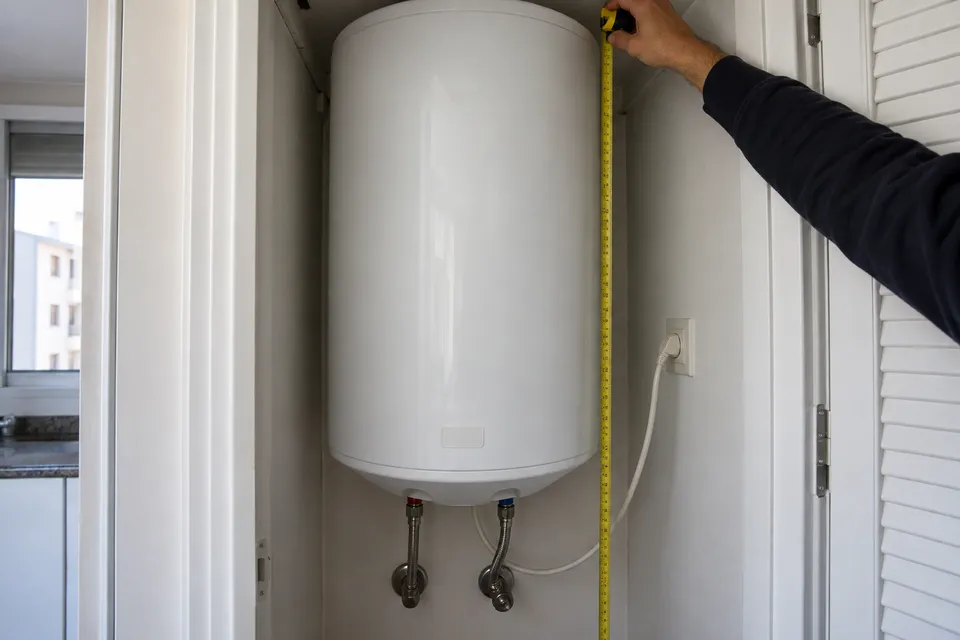 Medición del espacio junto a un termo eléctrico vertical