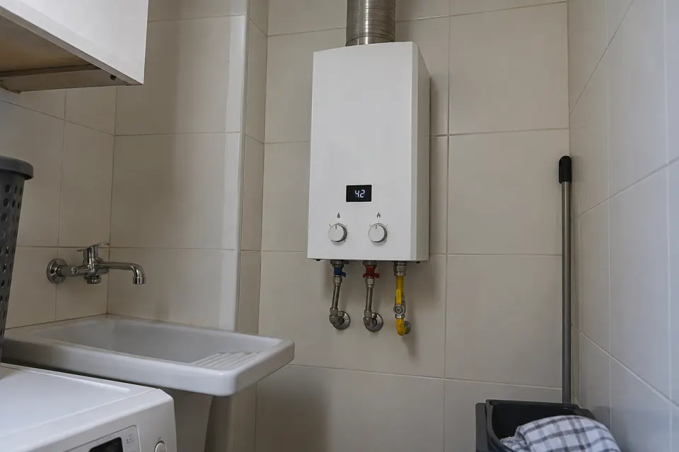 Calentador de gas con mandos y conexiones en una galería doméstica