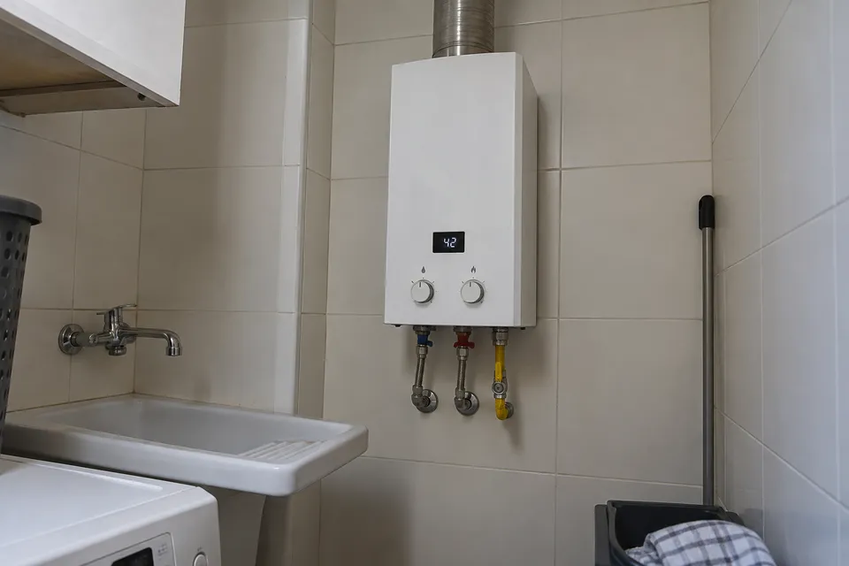 Calentador de gas con mandos y conexiones en una galería doméstica