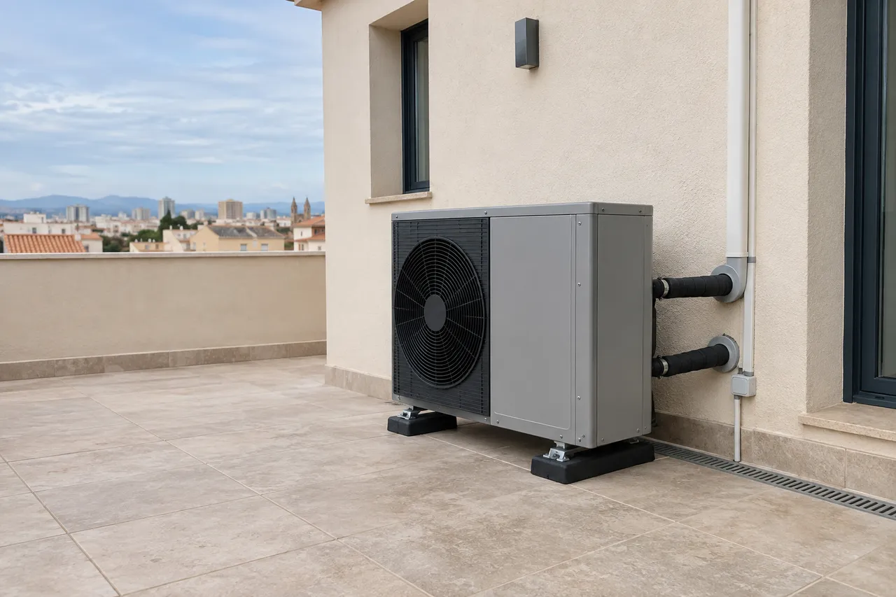 Bomba de calor aire-agua instalada junto a una vivienda de estilo mediterráneo
