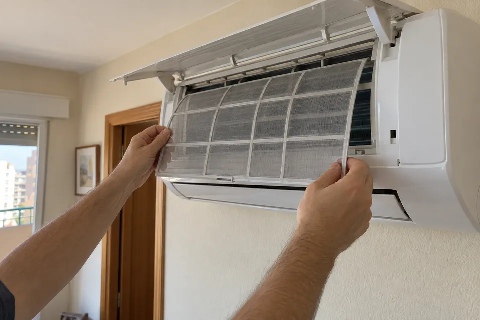 Retirada de un filtro de malla de un split apagado para su limpieza