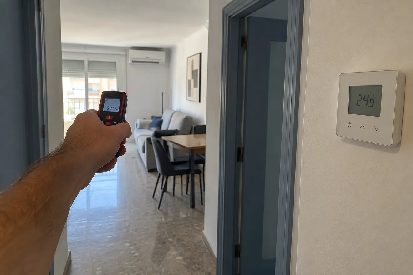 Medición de un pasillo doméstico con un medidor láser junto a un termostato de pared