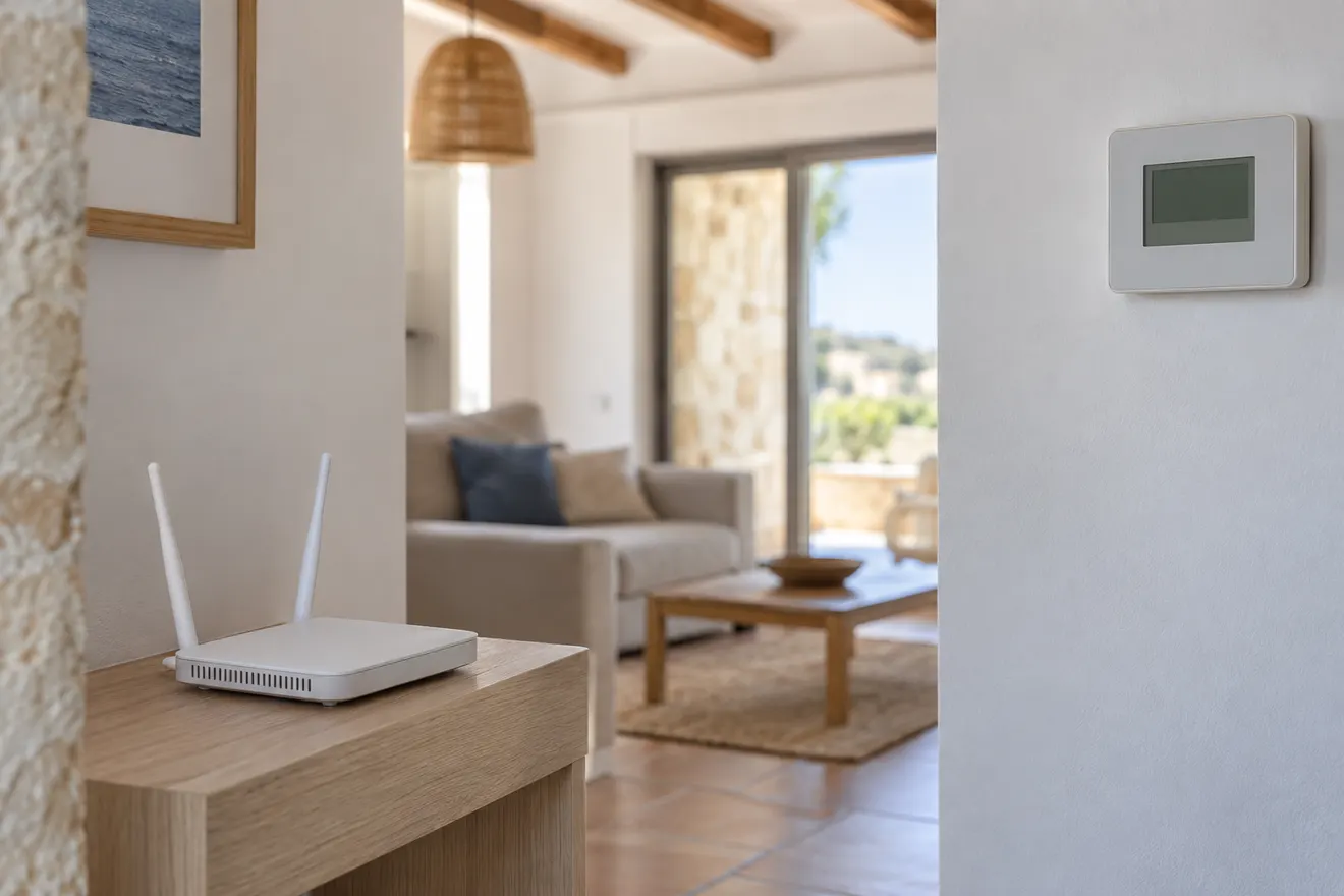 Router doméstico sobre una balda junto a un termostato de pared