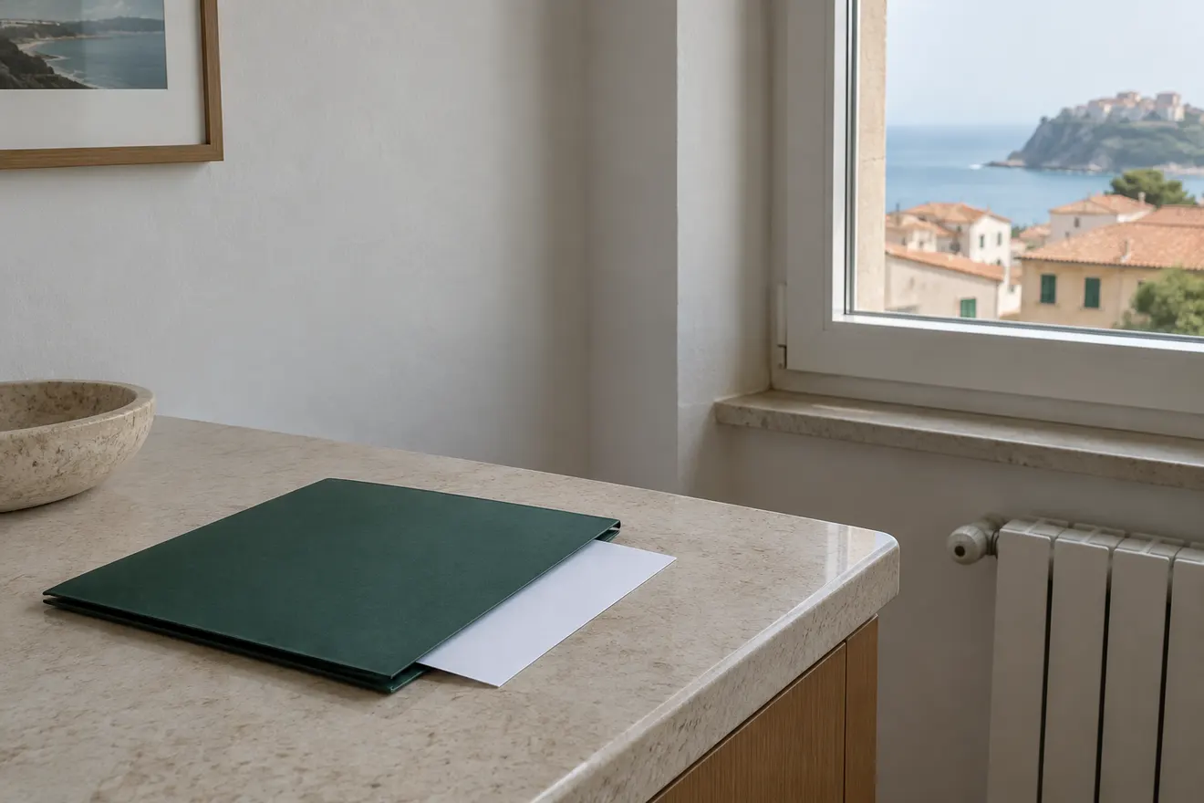 Carpeta verde con documentación sobre una consola junto a una ventana y un radiador