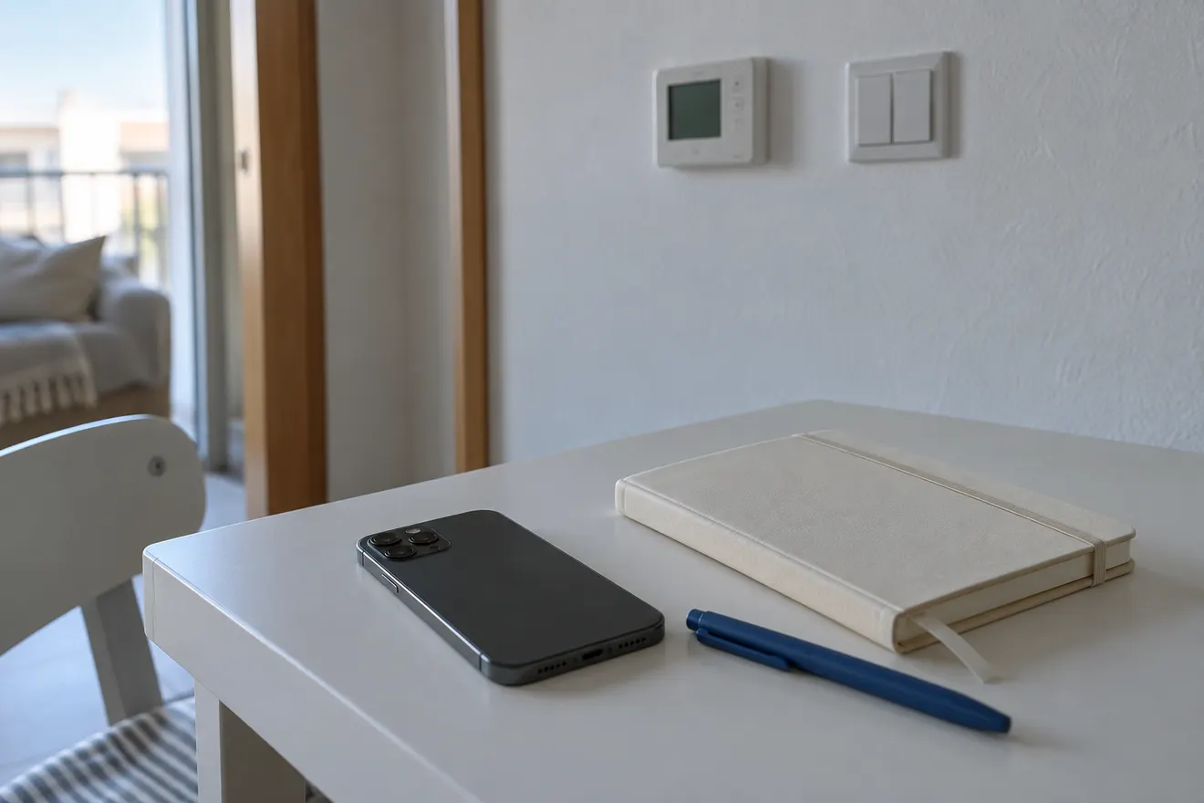 Teléfono boca abajo, cuaderno cerrado y bolígrafo en un escritorio con un termostato al fondo