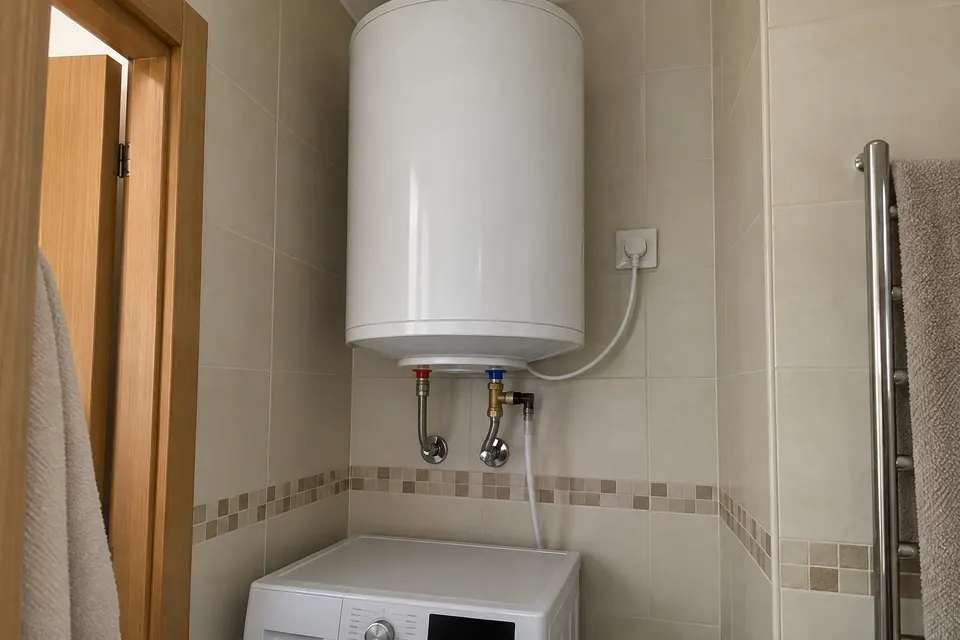 Termo eléctrico vertical con conexiones de agua en un baño