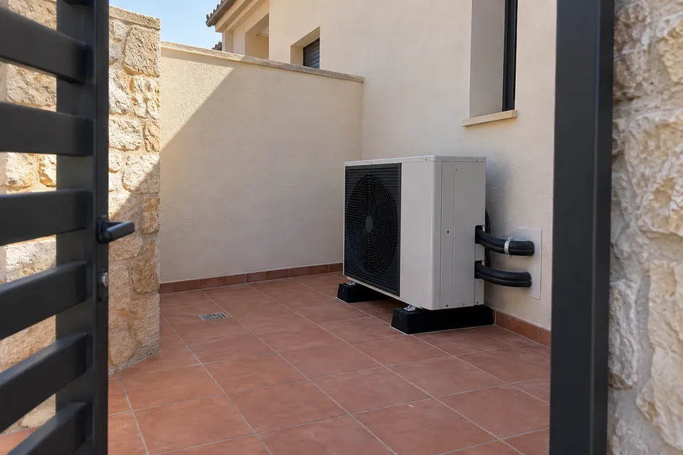 Bomba de calor con tuberías aisladas en un patio de vivienda Bomba de calor con tuberías aisladas en un patio de vivienda