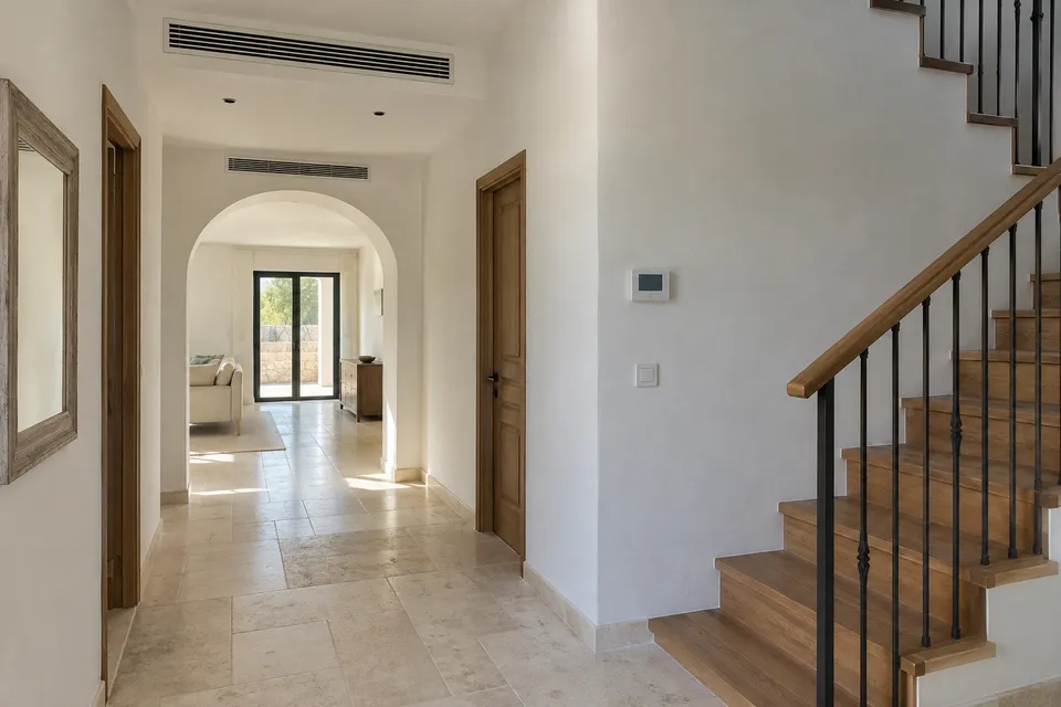 Pasillo de vivienda con rejillas de climatización y escalera